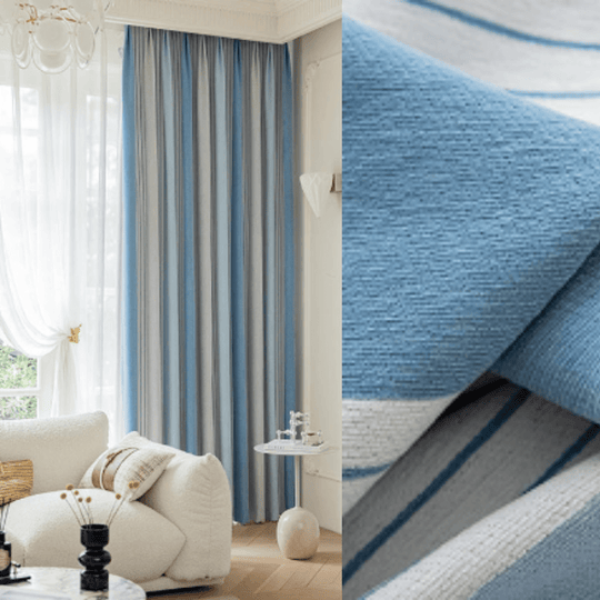 Rideau thermique bleu gris et blanc sur mesure