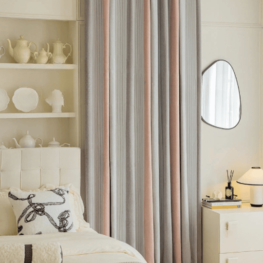 Rideau thermique rose, gris et blanc sur mesure